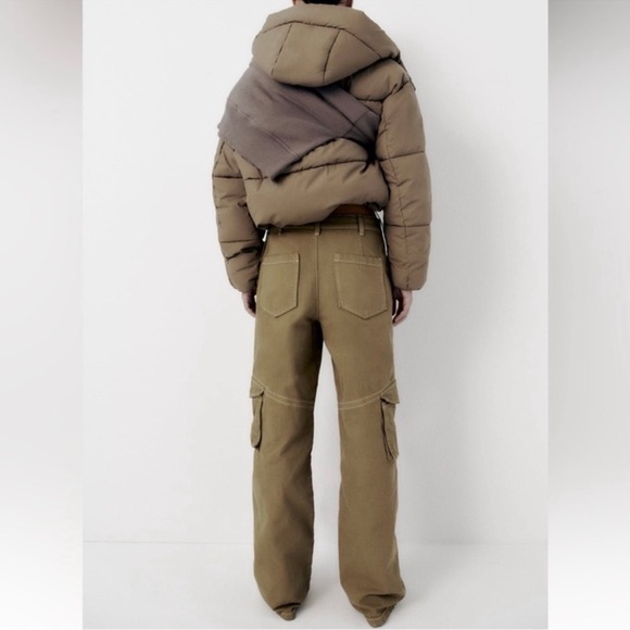 Zara Denim High Waist Full Length Wide Leg Dark Khaki Cargo Blogger Favorite - Picture 5 of 11